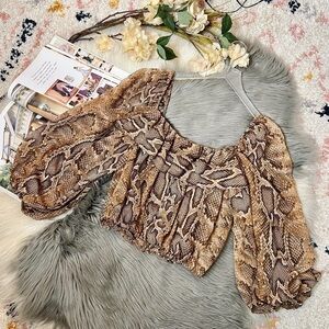 Zara Tan Snake Print Balloon Sleeve Boho Chiffon Tie Front Women’s Blouse Sz L